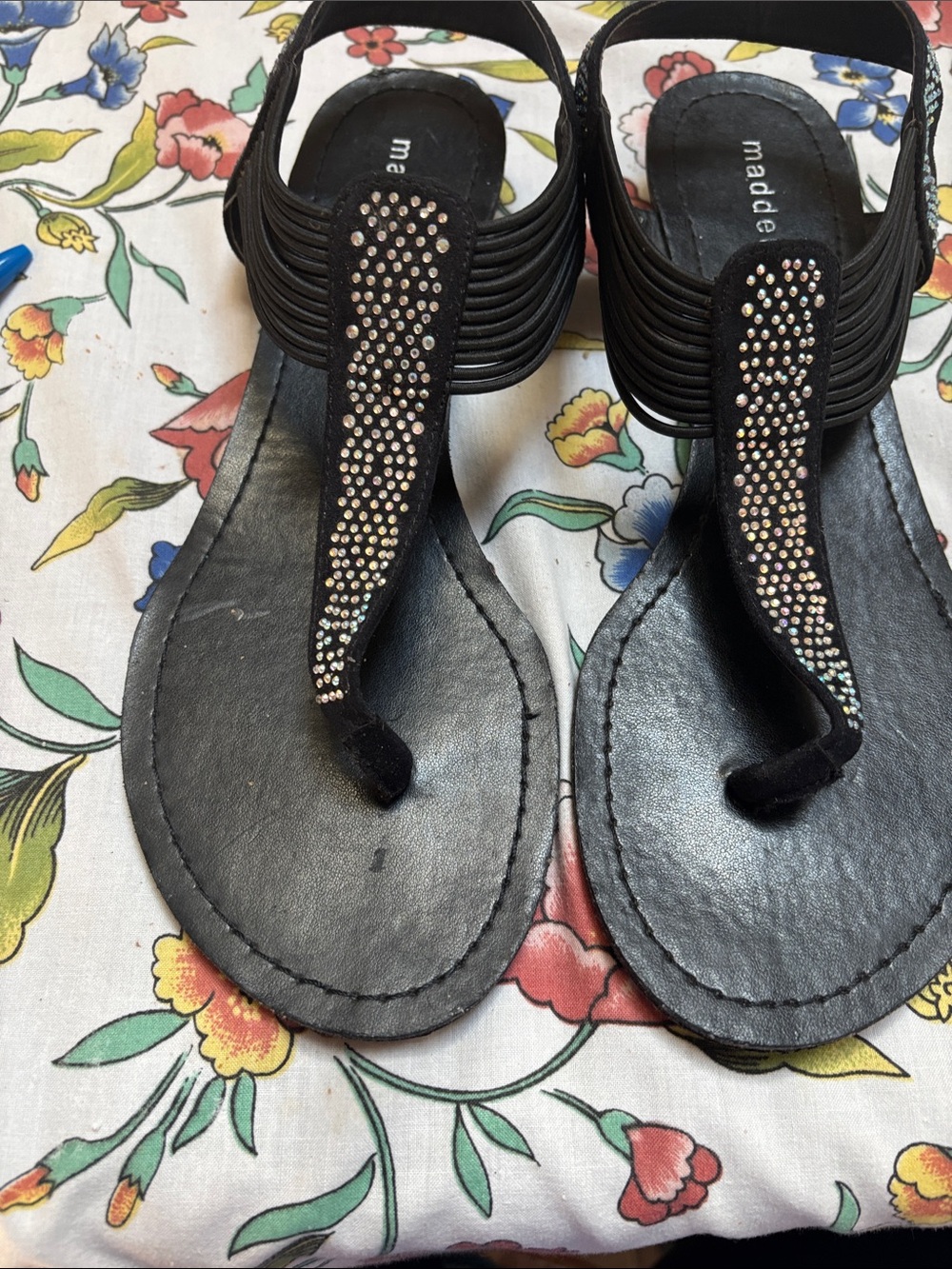Madden Girl Black Rhinestone T-Strap Sandals